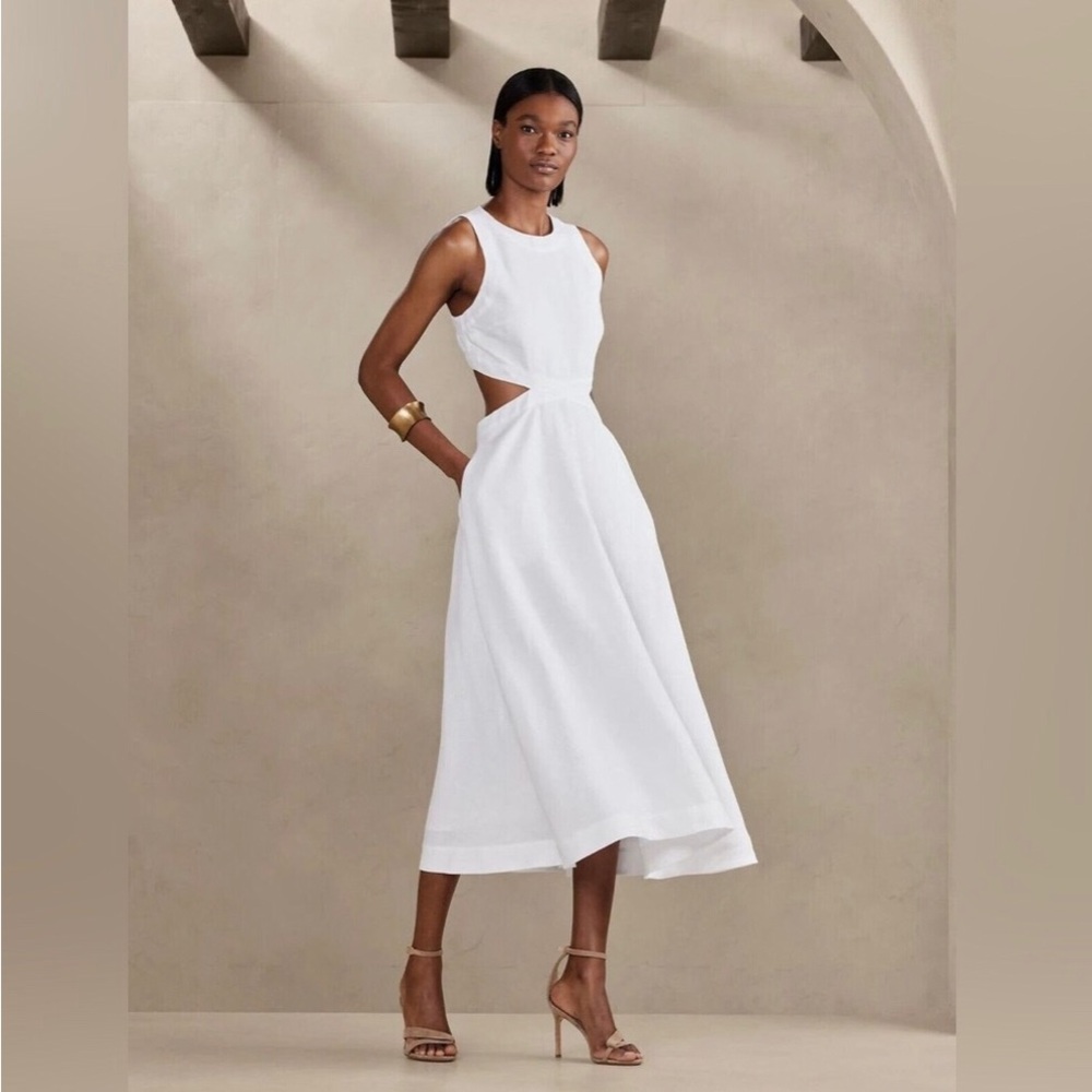 Banana Republic Lina Linen Cut-out Midi Dress 00P White
